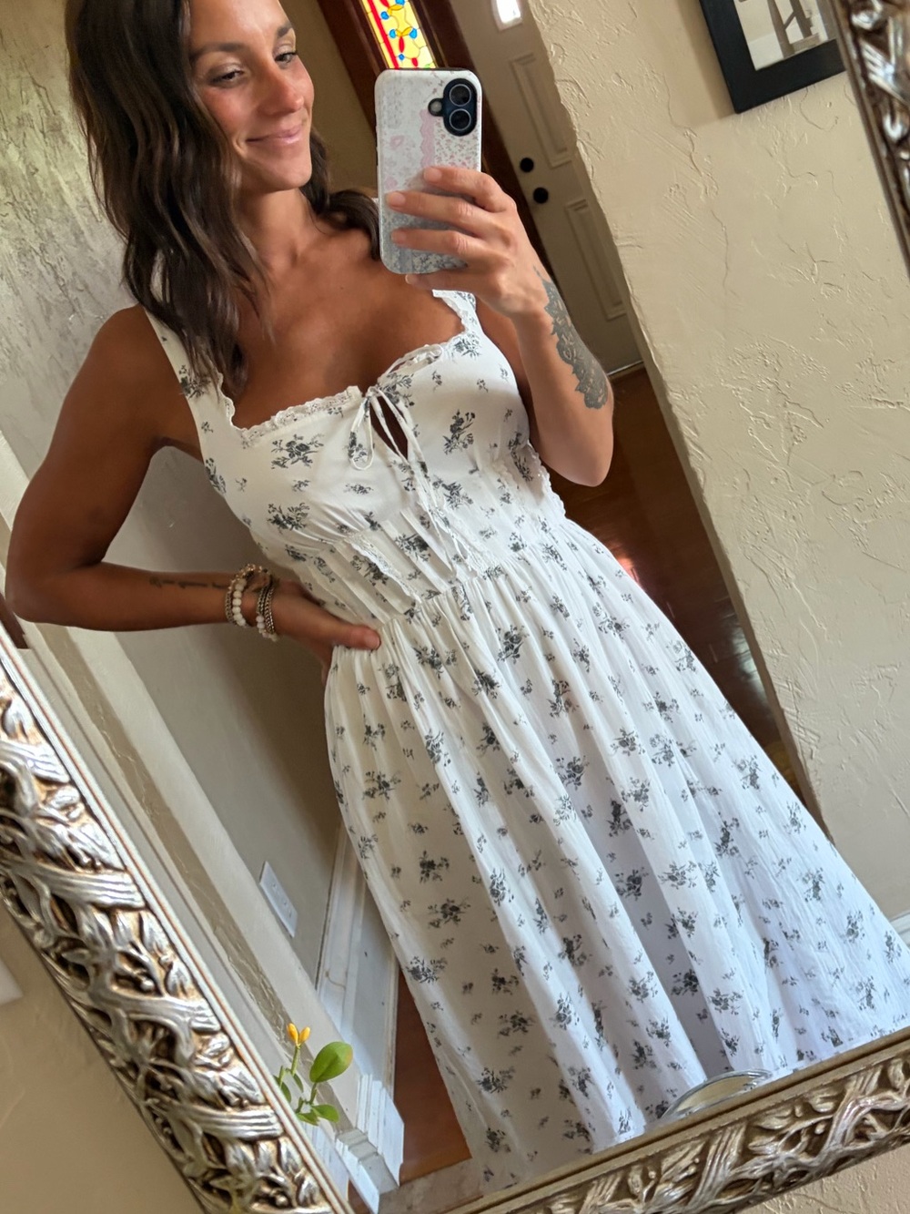 American Eagle Outfitters White Floral Tie-Front Midi Dress
